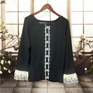 Peck & Peck Black & White Lace Trim Button Up Sweater/Top Embroidered Cuffs Lg